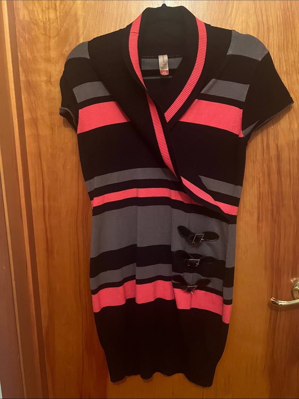 No Boundaries Striped Knit Wrap Dress with Buckle Accents - Black, Gray & Pink